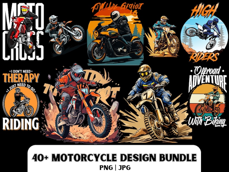Motorcykel-T-shirtdesignpaket: 40 PNG/JPG Motorcross-designer (digital nedladdning) bild 1