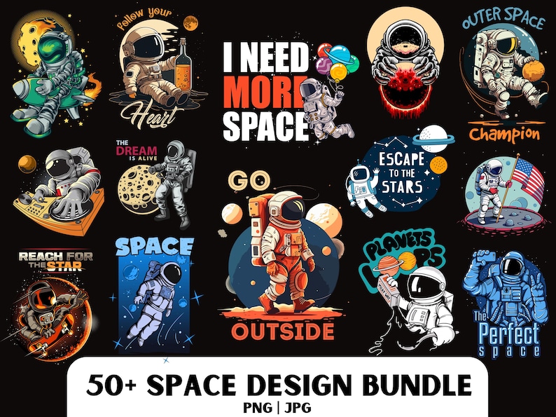 Astronaut Text Space PNG Design Bundle: Astronaut, Planets, Rocket (digital Download ...