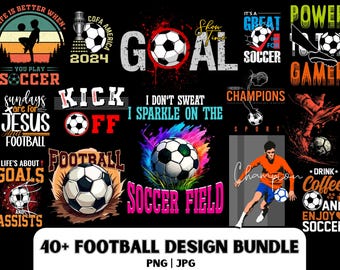 Paquete de diseño de camisetas de fútbol: 40 archivos PNG y JPG (descarga digital)