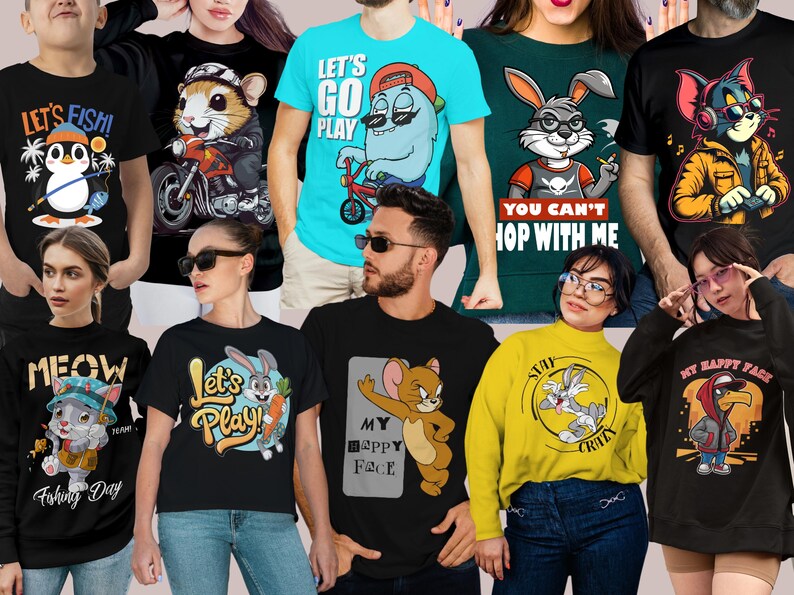 May include: A collection of graphic t-shirts and sweatshirts featuring cartoon characters. Designs include a penguin fishing, a hamster on a motorcycle, a blue monster on a bike, a rabbit with a carrot, and a cat with a fishing rod.