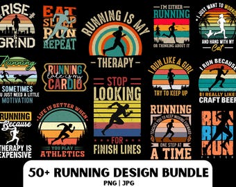 Op de afbeelding: Een verzameling van meer dan 50 hardloopontwerpen. Elk ontwerp toont silhouetten van hardlopers met motiverende zinnen zoals "Running is my therapy" en "Rise & Grind". De ontwerpen gebruiken een retro kleurenpalet van oranje, geel en blauw.