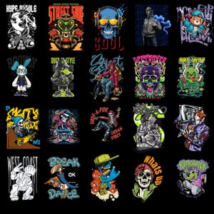 May include: A collection of twenty distinct graphic illustrations featuring urban street art themes, including stylized skulls, anthropomorphic animals, graffiti-style lettering, and characters engaged in activities like skateboarding and breakdancing.