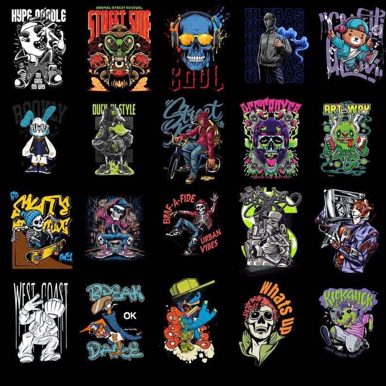 May include: A collection of twenty distinct graphic illustrations featuring urban street art themes, including stylized skulls, anthropomorphic animals, graffiti-style lettering, and characters engaged in activities like skateboarding and breakdancing.