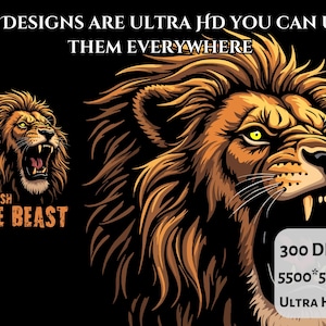 Puede incluir: Un le&oacute;n rugiente con una expresi&oacute;n feroz, con el texto "UNLEASH THE BEAST" debajo. La imagen es de 5500 x 5500 p&iacute;xeles y 300 DPI, lo que la convierte en ultra alta definici&oacute;n.