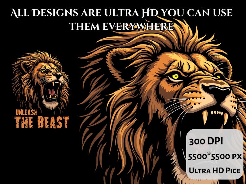 Puede incluir: Un le&oacute;n rugiente con una expresi&oacute;n feroz, con el texto "UNLEASH THE BEAST" debajo. La imagen es de 5500 x 5500 p&iacute;xeles y 300 DPI, lo que la convierte en ultra alta definici&oacute;n.