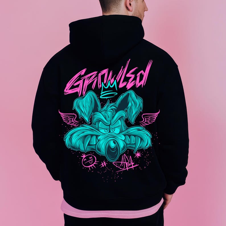 May include: A black hooded sweatshirt featuring a graphic on the back with the text "GRIMLED" in pink. The design includes a teal cartoon dog head with wings, a small crown, a pink circular icon with an "x" eye, and a pink signature-style graphic.