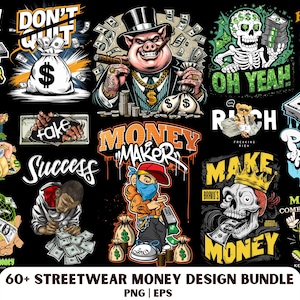 Pengar Streetwear PNG-paket: T-shirtdesign, logotypklistermärken (digital nedladdning)