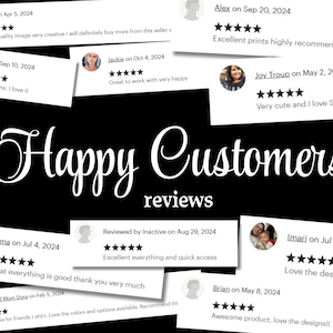 Może przedstawiać: Obraz z recenzjami klient&oacute;w na czarnym tle. Biały tekst brzmi "Happy Customers reviews". Kilka białych prostokąt&oacute;w wyświetla komentarze klient&oacute;w z ocenami 5 gwiazdek. Recenzje wspominają o "dobrej jakości" i "ładnych wzorach".
