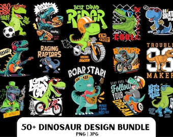 Dinosaurie-T-shirtdesignpaket: 50 PNG- och JPG-filer (digital nedladdning)