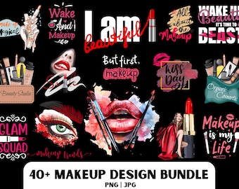 Puede incluir: Un conjunto de más de 40 diseños digitales con ilustraciones y texto sobre el tema del maquillaje. Los diseños incluyen frases como "Wake And I Makeup", "Glam Squad", "Kiss Day" y "Makeup Is My Life". Los diseños están en una variedad de colores, incluyendo rosa, rojo, negro y blanco.