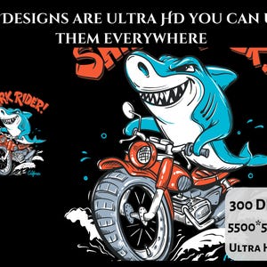 May include: A cartoon illustration of a blue shark riding a red motorbike with the text "Shark Rider!" in a white circle with a black outline. The background is black with a blue and white wave pattern.