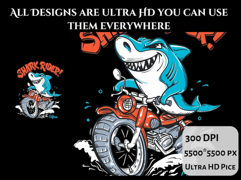 May include: A cartoon illustration of a blue shark riding a red motorbike with the text "Shark Rider!" in a white circle with a black outline. The background is black with a blue and white wave pattern.