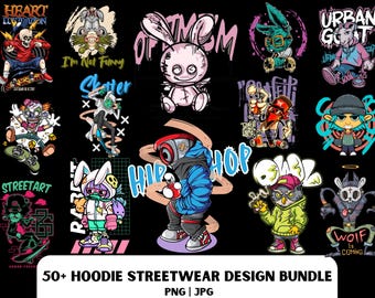 May include: A set of 50+ hoodie streetwear designs featuring various characters and graphics. The designs include a bunny with the text "Over Mom", a character with a skateboard, a character with a heart, a character with a wolf, and a character with a skateboard. The designs are in a variety of colours and styles.