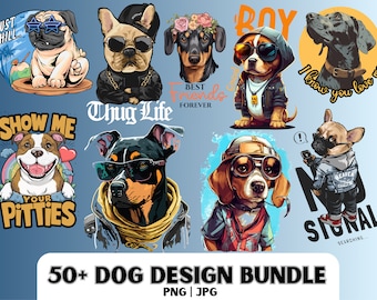 Hund-T-shirtdesignpaket: 50 PNG- och JPG-designer (digital nedladdning)