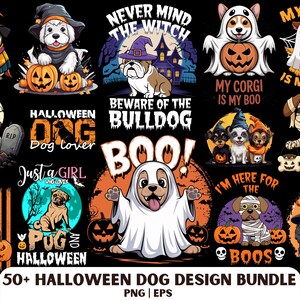 以下が含まれることがあります： ハロウィーンをテーマにした犬のデザインのコレクション。イラストには、魔女、幽霊、ミイラなど、さまざまな犬種がコスチュームを着ており、カボチャや不気味なテキスト要素が描かれています。デザインはカラフルで漫画風です。