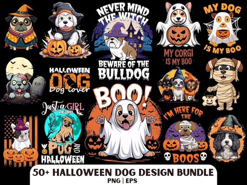 May include: A collection of Halloween-themed dog designs. The illustrations feature various dog breeds dressed in costumes, including witches, ghosts, and mummies, with pumpkins and spooky text elements. The designs are colorful and cartoonish.