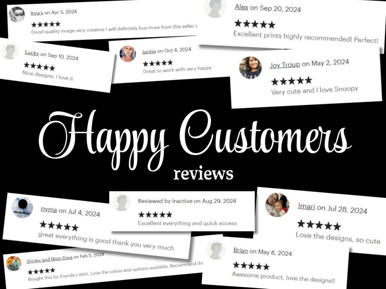 May include: A black background featuring the white text Happy Customers reviews surrounded by multiple five-star customer review cards. Each card displays a user name, date, five black stars, and written feedback such as Excellent prints and Love the designs.