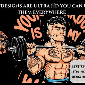 May include: A digital illustration of a muscular person lifting a barbell, with tattoos on their arms and chest. The text "YOUR WORKOUT IS MY WARM-UP" is displayed in orange. The image is 12x14 inches in size.