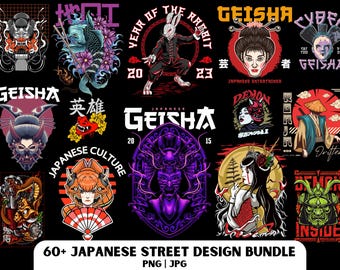 Japanese Streetwear T-Shirt Design Bundle: 50 PNG & JPG Files (Digital Download)
