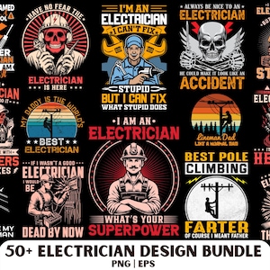 Puede incluir: Un conjunto de más de 50 diseños con temática de electricista, con varios gráficos y texto. Los diseños presentan calaveras, herramientas y frases como "Master Electrician", "Best Pole Climbing" y "What's Your Superpower". El paquete incluye más de 50 diseños en formatos PNG y EPS.