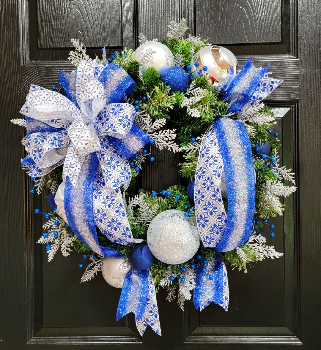 Silver and Blue Christmas Wreath, Elegant Holiday Door Decor - Etsy