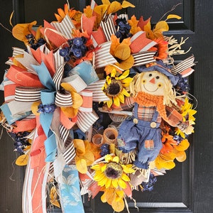 Designer Deco Mesh Fall Wreath, Boy Scarecrow Fall Wreath, Girl Scarecrow Fall Wreath, Fall floral Wreath, Autumn Wreath, Large Fall Wreath