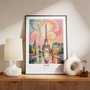 Cartaz de viagem de Paris, França – Arte de parede para impressão na Europa, pintura a óleo digital, decoração de pôr do sol na cidade