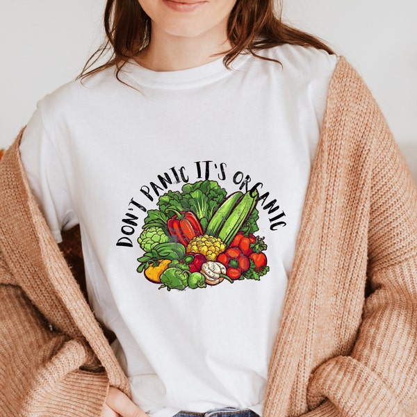 Don't Panic It's Organic Tee Shirt with Vibrant Vegetable Prints. Organic veggie lover.