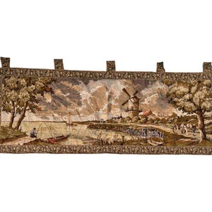 Large European Windmill Landscape Wall Tapestry – Handmade Antique Wall Hanging with Rustic Countryside Scene – 5ft Wide Vintage Textile Art
