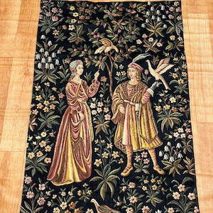 Medieval Tapestry Wall Hanging, Millefleurs motif, Seignorial Scene, French Tapestry, Gobelin Family