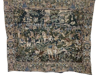 Antiek middeleeuws jachttafereel, wandtapijten in 'gobelin'- of Aubusson-stijl, 16e tot 18e eeuw. van een traditionele jacht. 140 x 125 cm