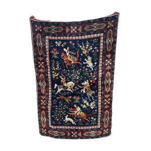 Swedish rya Persian Horse Hunt Wall Tapestry – Handwoven Kilim Art – Vintage Nomadic Rug Decor – Warrior Scene Wall Hanging