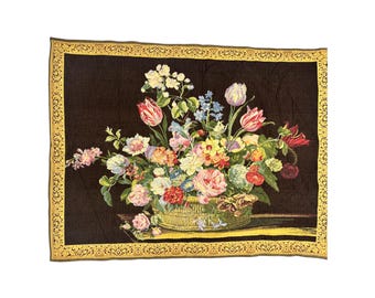 Vintage Floral Tapestry Wall Hanging, Large 50" x 37" Woven Art, Antique Victorian Botanical Decor, Handcrafted Gobelin Weave