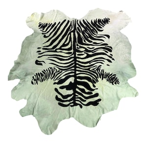 Large Zebra Print Rug 8x8 ft, Faux Exotic Look on Real White Cowhide