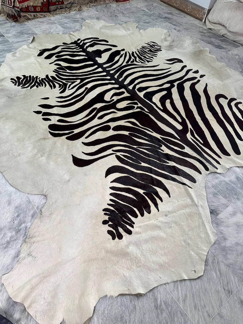 Ex Large Zebra Rug Large Zebra Print Rug 8x8 Ft, Faux Exotic Look on Real White Cowhide ...