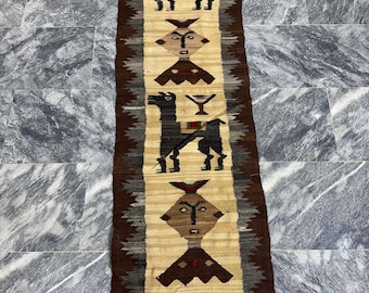 Vintage Pictorial Tapestry Wall Art – Tribal Folk Scene Rug – Handwoven Wool Wall Hanging 1.8 x 5.5 ft – Boho Decor – Reversible Textile Art