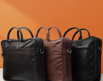 Handmade Leather Laptop Bag, Tote Briefcase with Handle & Straps
