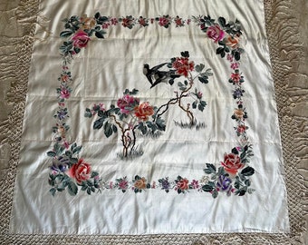 Vintage Canton Silk Piano Shawl, Floral Bird Embroidery, Wall Hanging (115x110cm)