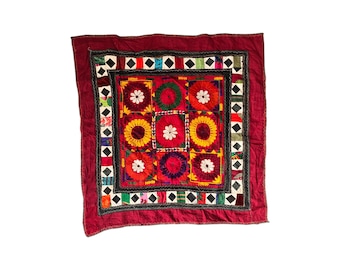 Vintage Handmade Floral Patchwork Tapestry Wall Hanging | 23x23 Inch Bohemian Textile Art | Colorful Embroidered Quilt Décor