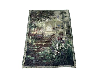 Large Antique Garden Tapestry | Handmade French Style Wall Hanging | Romantic Courtyard Scene Textile Art | Vintage Home Décor