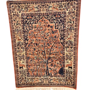 Vintage Silk Rug | Oriental Tree of Life Carpet | Antique Persian Wall Hanging | Luxury Home Decor