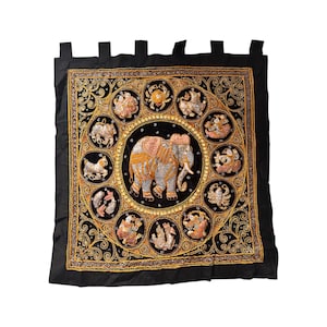 Vintage Indian Elephant Wall Hanging – Hand Embroidered Velvet Tapestry – Beaded Mirror Work Art – Black Gold Decor – Antique Textile Panel
