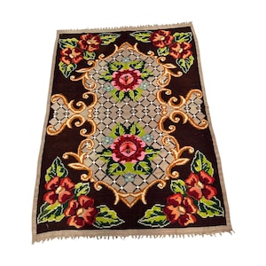 Vintage Romania Floral Kilim Rug | Handwoven Large | 4x6 ft Handmade Wool Carpet | Ethnic Bohemian Decor | Brown Pink Red Roses Kilim