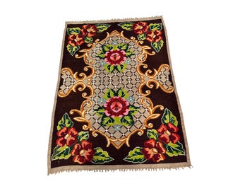Vintage Romania Floral Kilim Rug | Handwoven Large | 4x6 ft Handmade Wool Carpet | Ethnic Bohemian Decor | Brown Pink Red Roses Kilim
