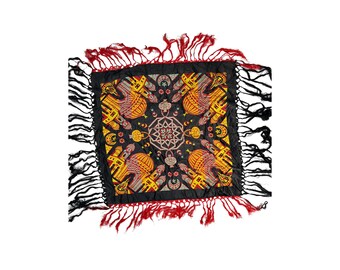 Vintage Taj Mehal Brocade Shawl Scarf | 2.9 ft Fringed Textile Art | Boho Tapestry Tablecloth | Black Red Ethnic Decor |  Dome Pattern