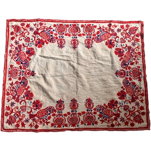 Vintage Hand-Embroidered Suzani Tapestry – Red and Blue Floral Bird Design – Antique Bohemian Wall Hanging – Folk Art Textile 33x26
