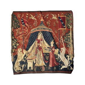 Antique Medieval Tapestry Wall Hanging Handmade French La Dame à la Licorne Scene with Lion & Unicorn 19x18 in Vintage European Art Textile