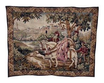 Antique French Wall Tapestry | Handmade Medieval Scene with Castle & Riders | Large Vintage Textile Art | 4.4" x 3ft | Historical Home Decor
