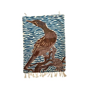 Antique Handmade Bird Tapestry Wall Hanging | Vintage Embroidered Art | Unique Boho Decor with Fringes | Collectible Textile Art