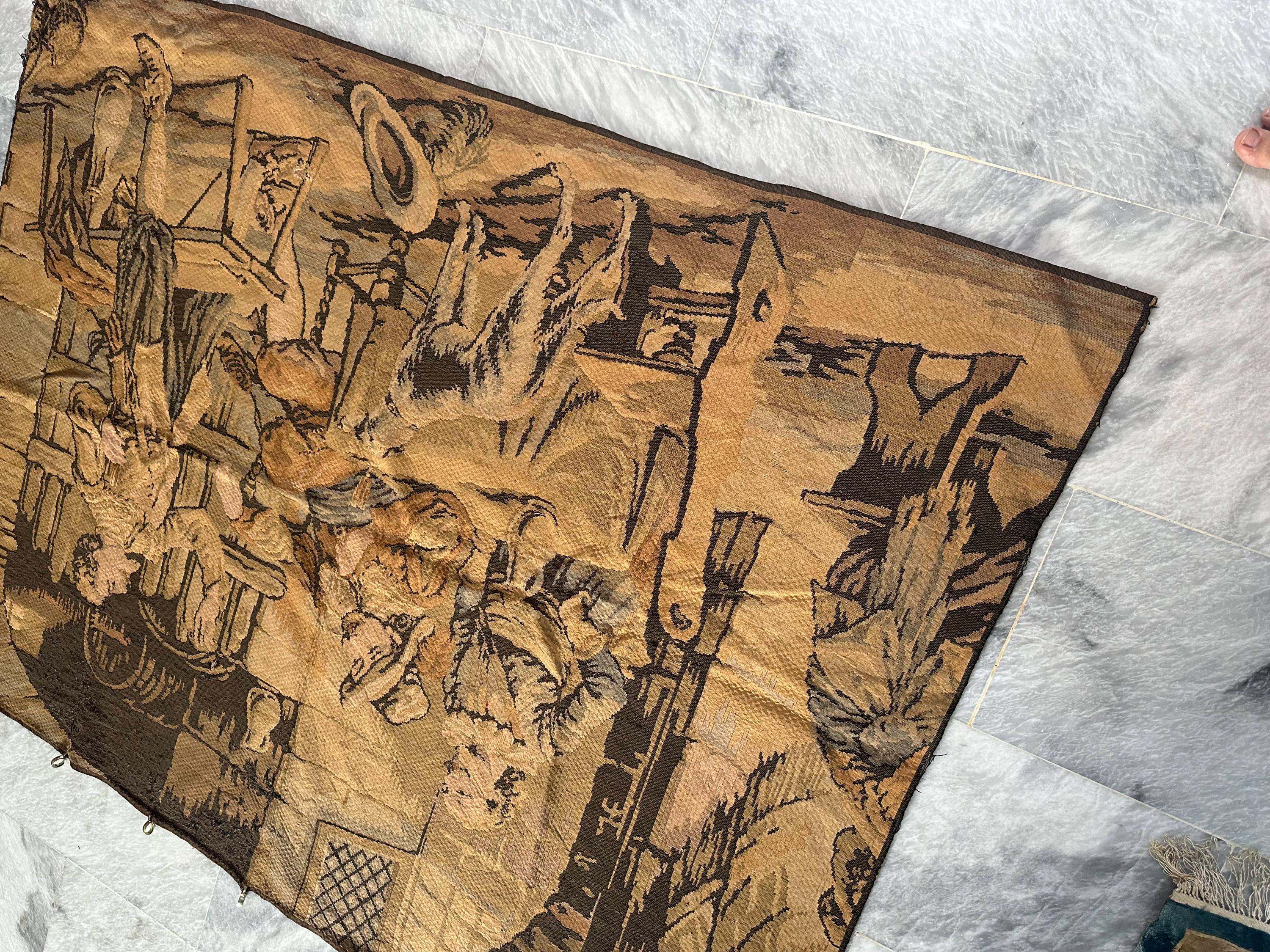 アンティーク 1900 年代 フランス 壁掛けタペストリー | 素朴な居酒屋